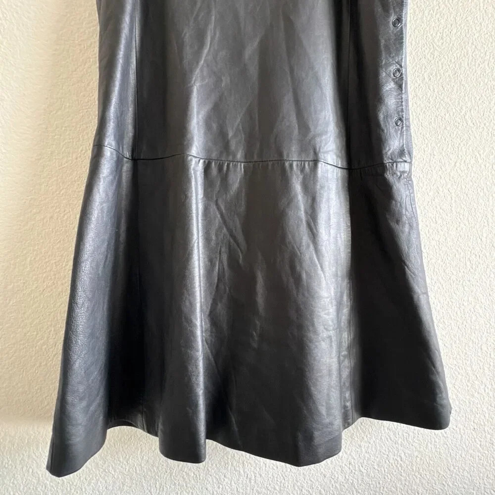 THEORY Nidan C Black Lambskin Leather Sleeveless Drop Waist Dress Size 8 - Picture 9 of 16